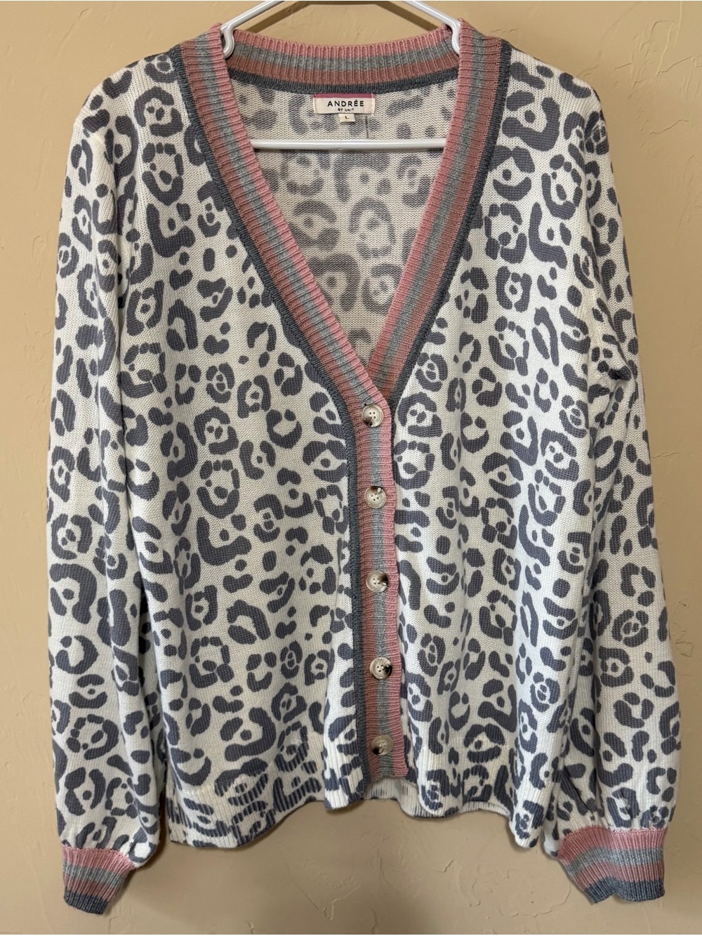 ANDREE BY UNIT Ivory Leopard Cardigan with Pink & Gray Trim